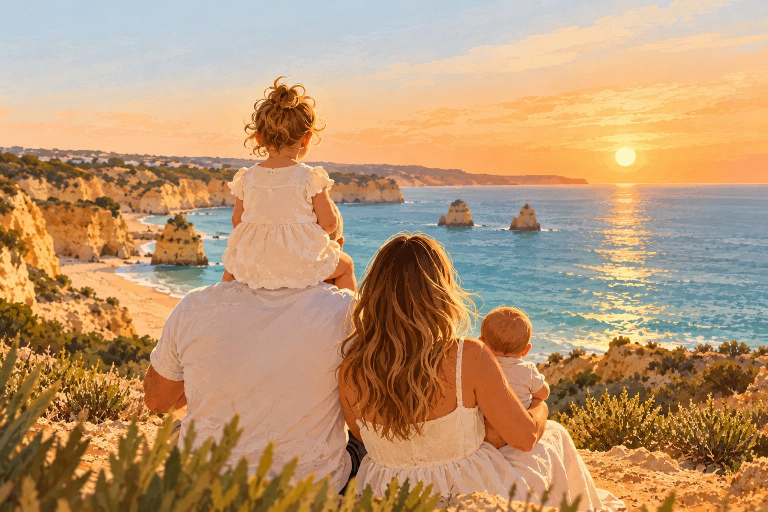 Painting of Stephen, Sabina and their two children looking out over the Algarve coast at sunset